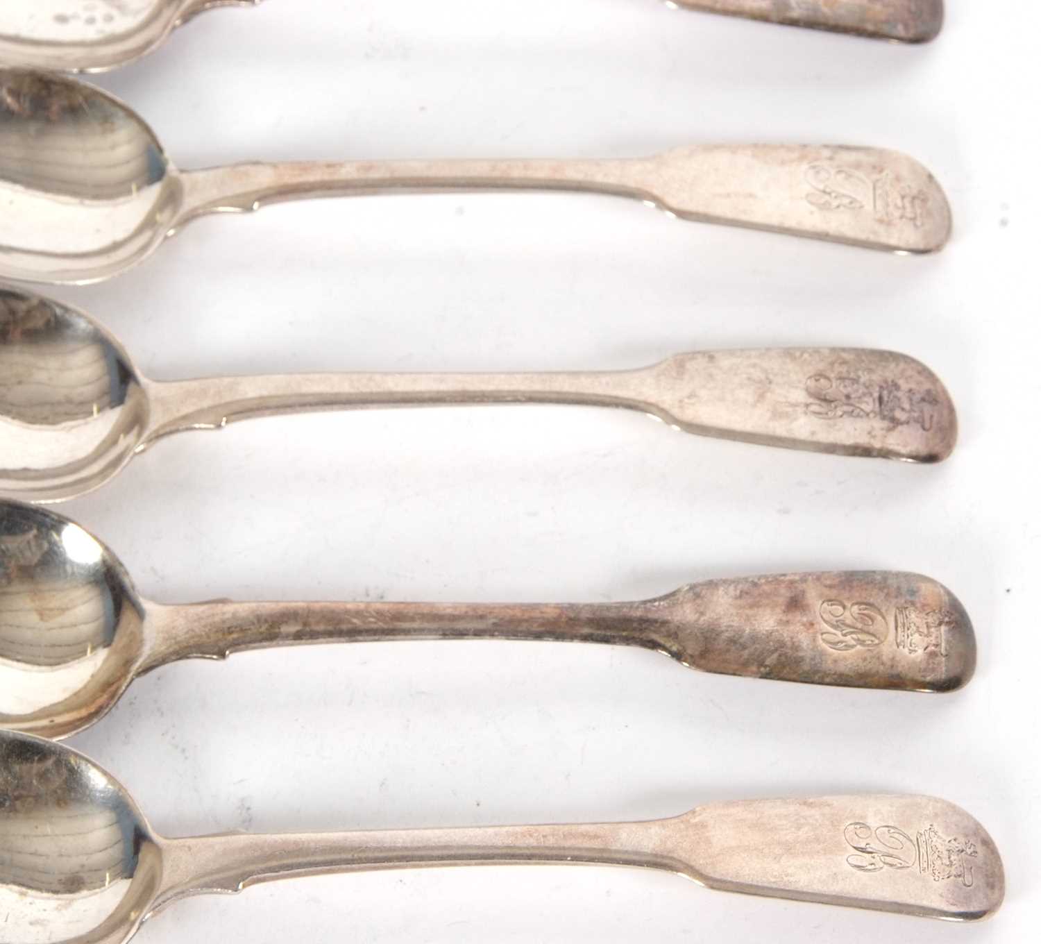 A set of six George IV silver dessert spoons, fiddle pattern, engraved with initials and armorial, - Image 2 of 4