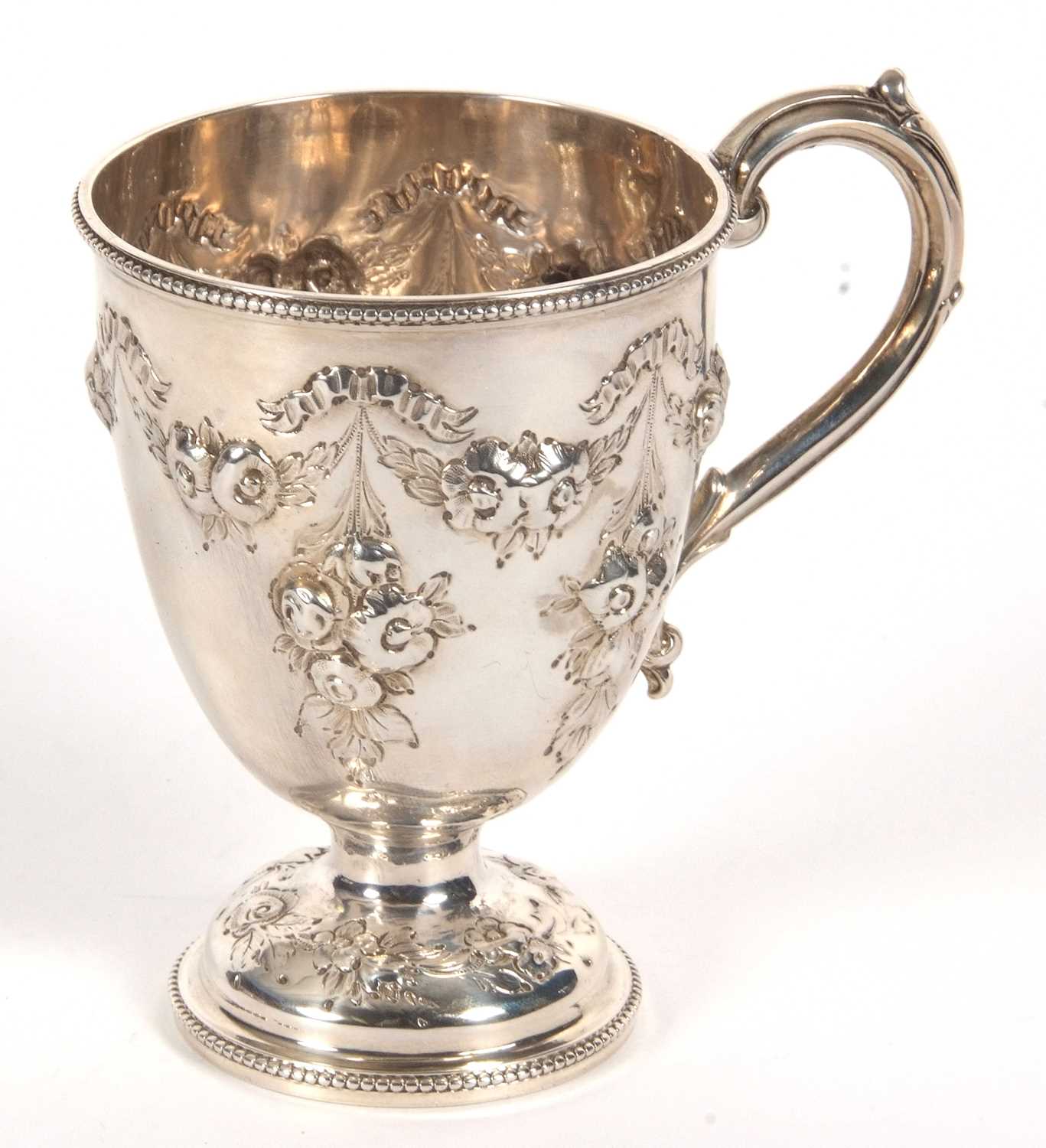 A Victorian silver mug of trophy shape having a capped scroll handle, beaded rim and foot with - Image 3 of 4
