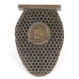 A German 800 stamped beekeeping award in the form of homeycomb, the centre applied with a plaque