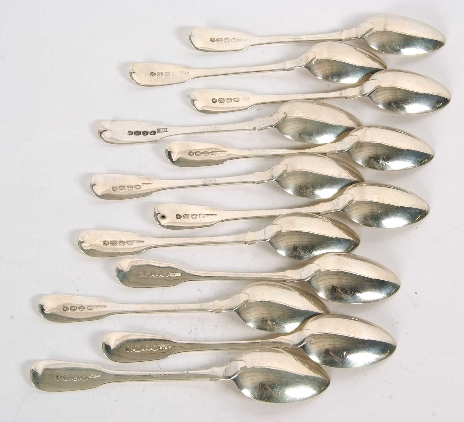 A set of twelve George IV fiddle pattern teaspoons, hallmarked 1829, makers mark William Bateman II, - Image 3 of 4