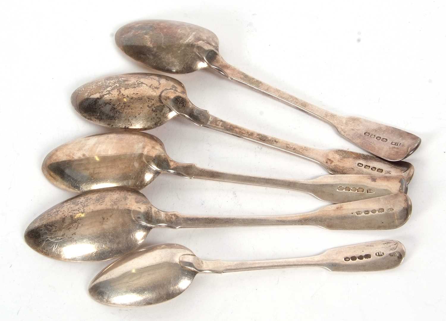 A group of four Georgian and one Victorian silver table spoon, engraved with crests and initials - Image 4 of 5