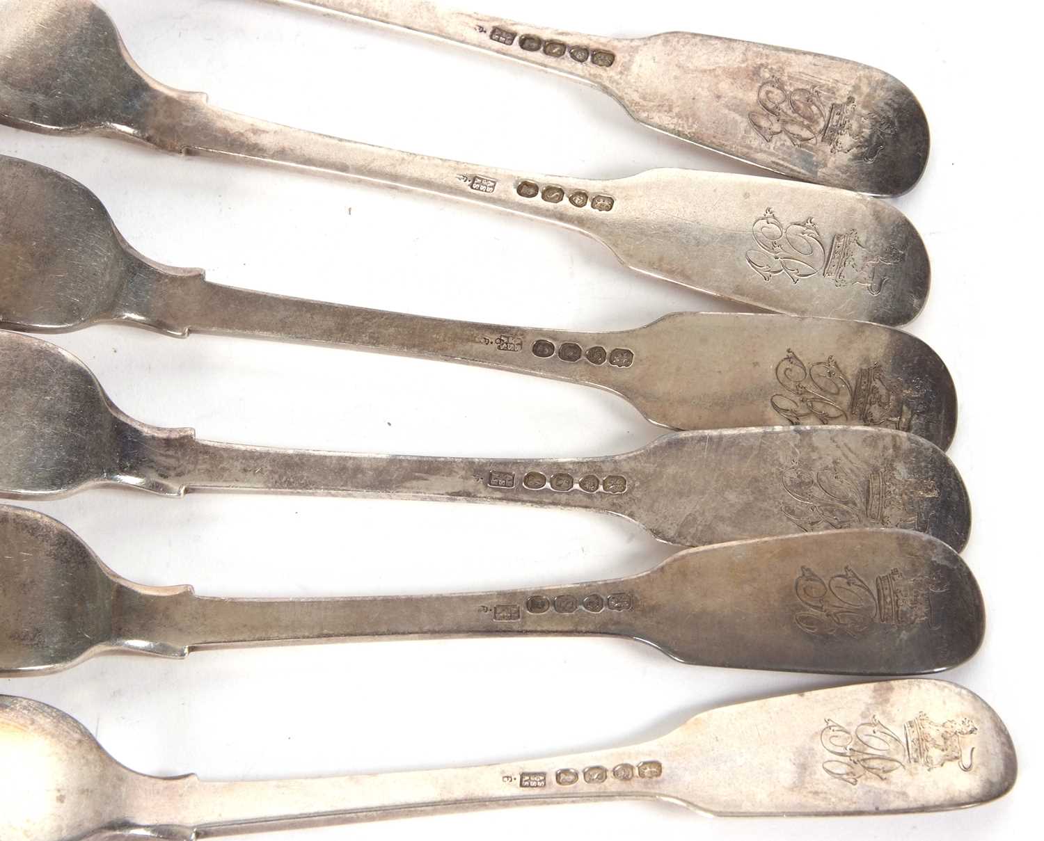 A set of six William IV fiddle pattern table forks, engraved with initials and armorial, London - Image 3 of 3