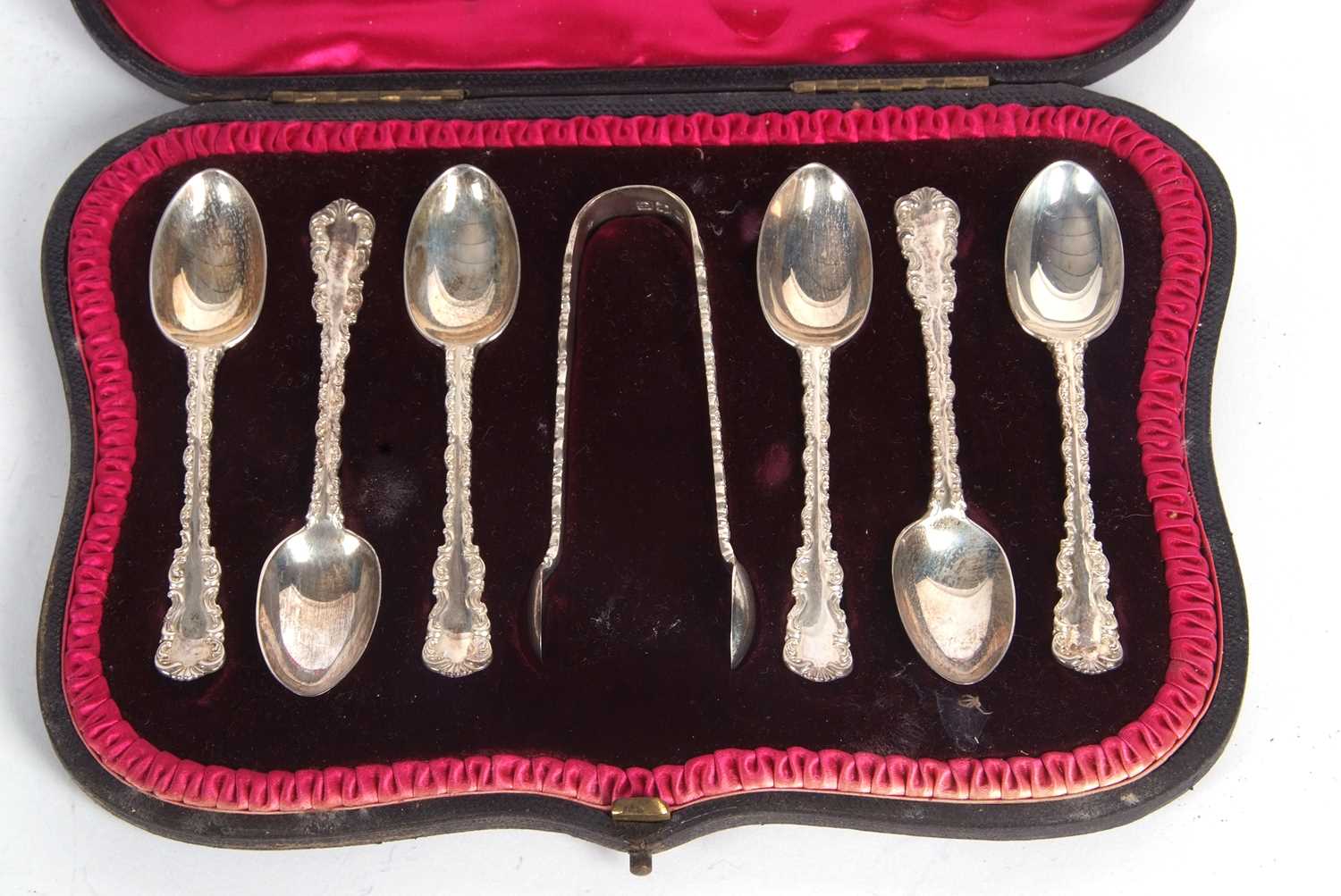 A Victorian cased set of six silver teaspoons and tongs, hallmarked for London 1898, makers mark for - Image 2 of 2