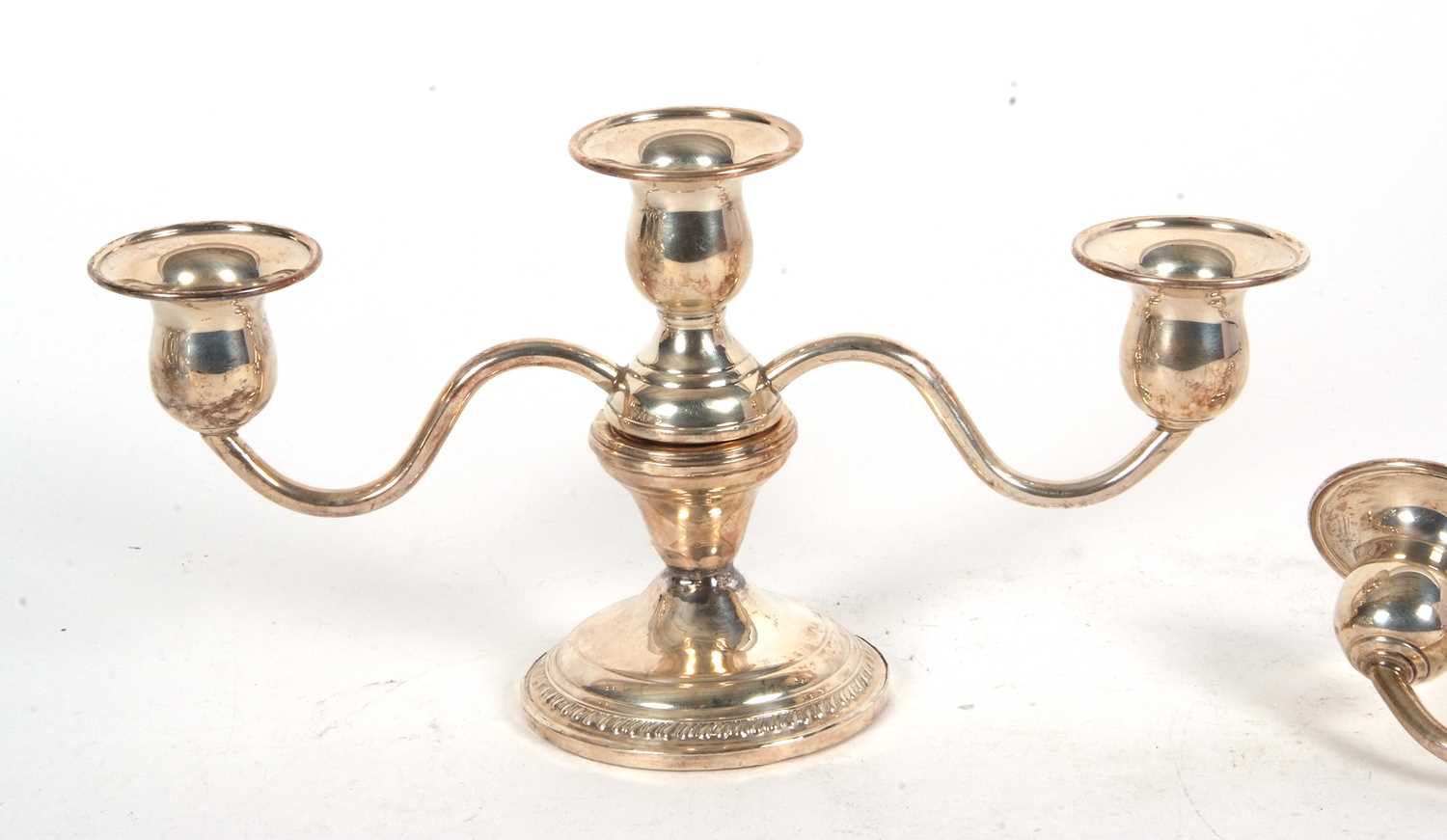 A small sterling twin branch candelabra, the top section with three lights on a pull off loaded base - Image 2 of 4