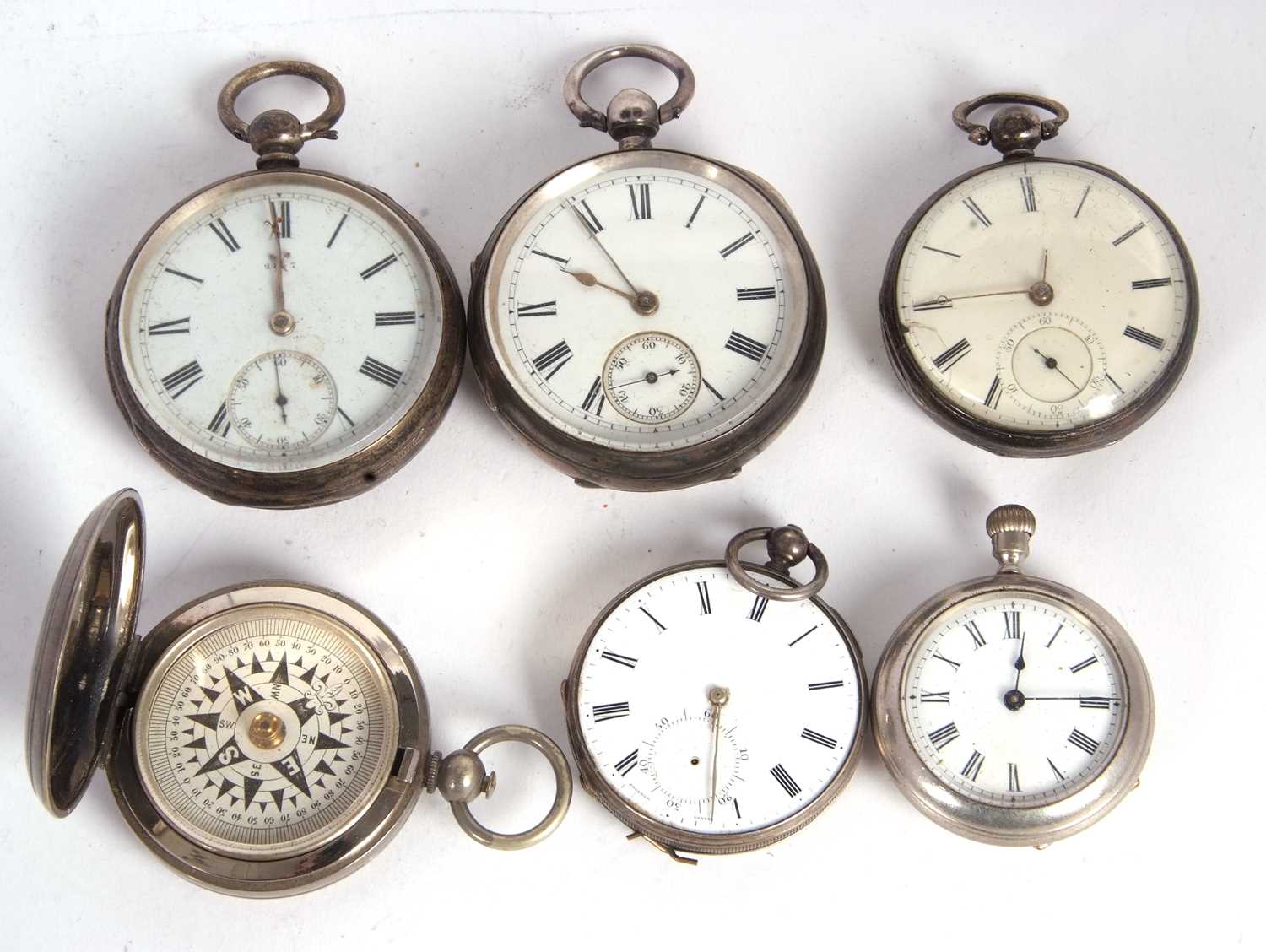 Mixed Lot: Five pocket watches and a compass, three of the pocket watches are hallmarked, the others