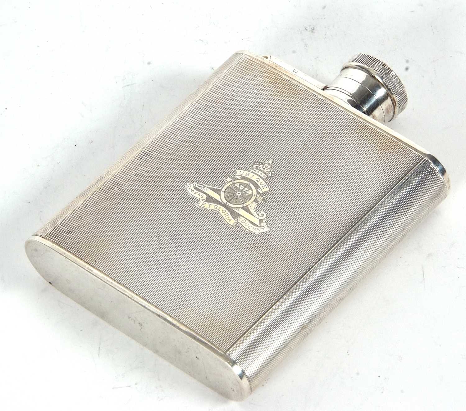 A George VI silver spirit flask, engine turned decorated, the front engraved with The Royal - Image 3 of 4