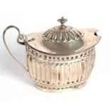 George III silver mustard and liner of oval form, reeded handle and rim, having a hinged dome lid