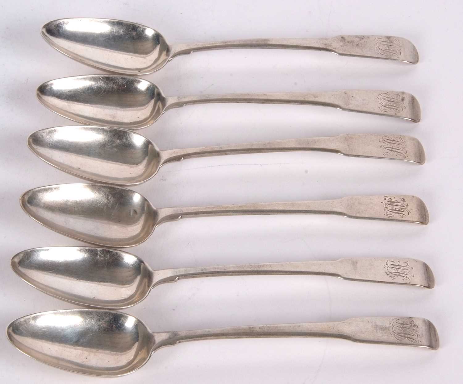 Six Scottish Provincial silver tablespoons, fiddle pattern, paisley, circa 1810, makers mark for