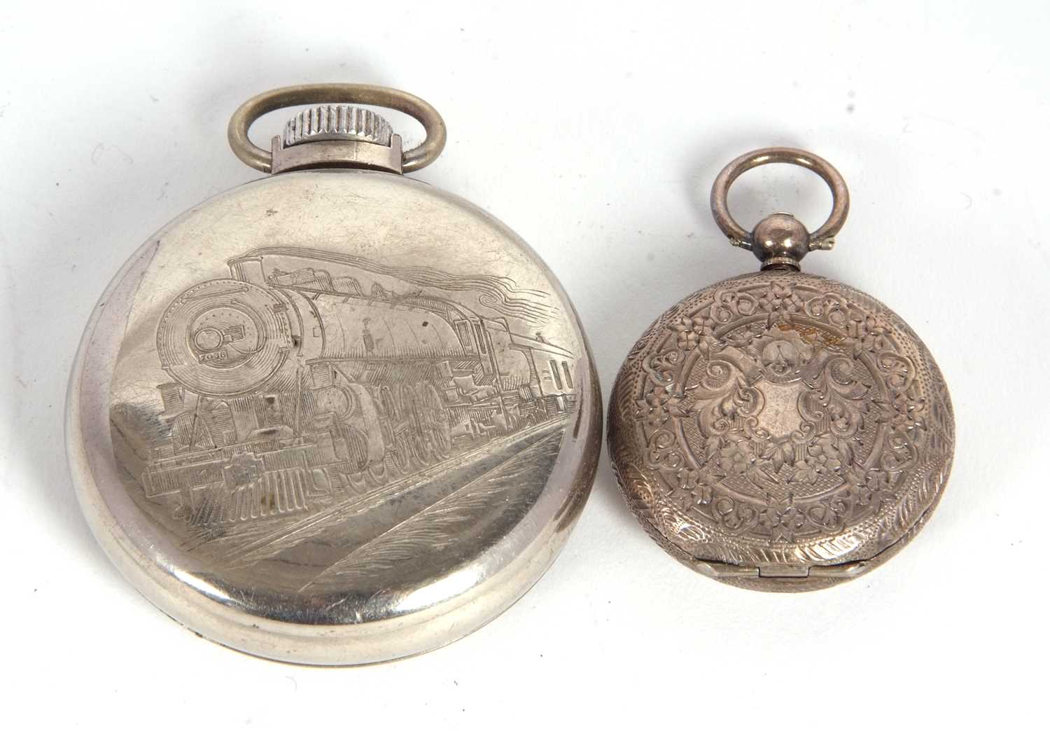 Two pocket watches, one ladies white metal stamped 0.935 the other a metal Elm City with a train - Image 2 of 2