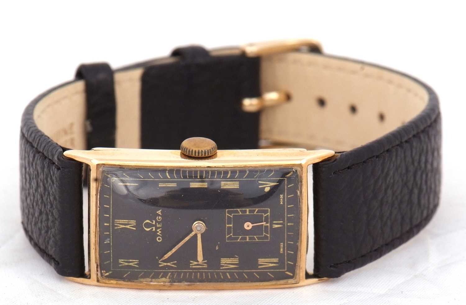 A 9ct gold cased Omega Tank gents wristwatch, it has a manually crown wound movement, the inside - Image 2 of 5