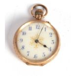 A ladies yellow metal pocket watch stamped 14k on the inside of the case back, it has a manually
