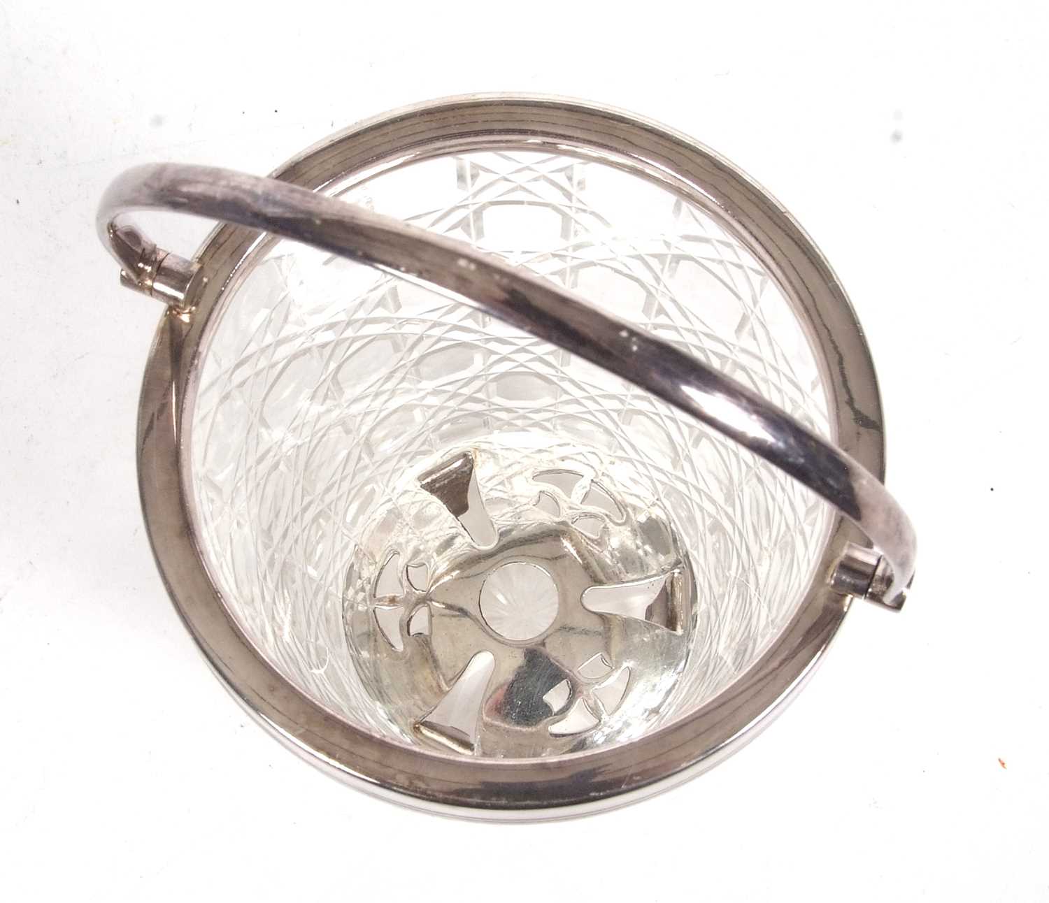 A vintage cut glass ice bucket with silver plated rim and swing handle drainer together with a - Image 4 of 4