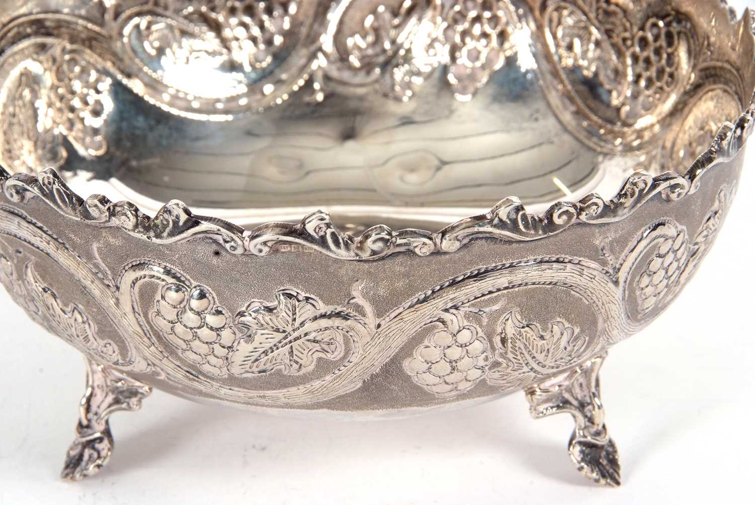 A vintage white metal 830-Cyprus bowl decorated with a vine and grape design and supported on - Image 4 of 4