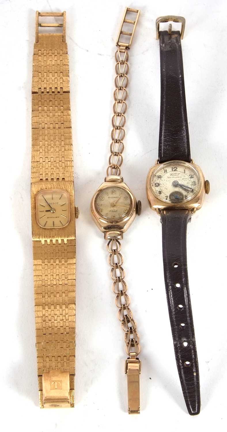 A mixed lot of ladies wristwatches to include a 9ct gold Tissot, a metal Tissot and a Rotary with - Image 2 of 2
