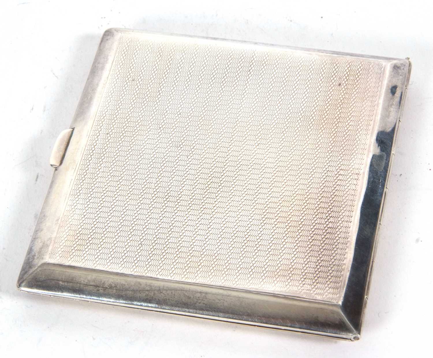 An Art Deco silver cigarette case of rectangular form, engine turned decoration, front and back - Image 3 of 5