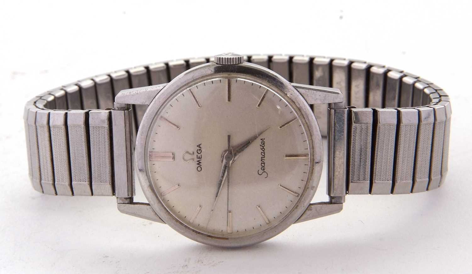 A gents stainless steel Omega Seamaster, the watch has a manually crown wound movement, an Omega