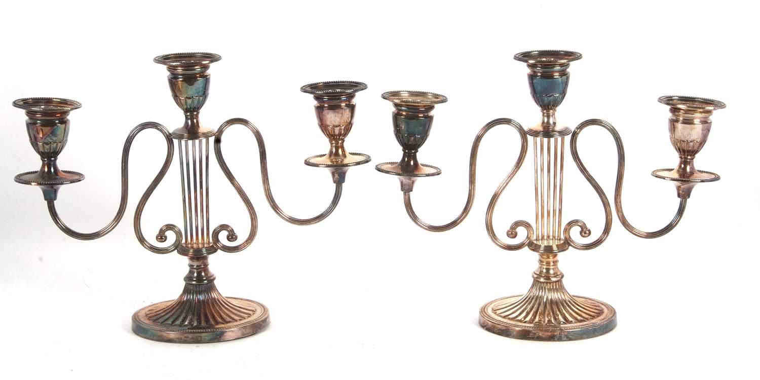 A pair of Barker Ellis silver-plated candelabra, circa 1920 with a lyre design, supporting a - Image 2 of 4