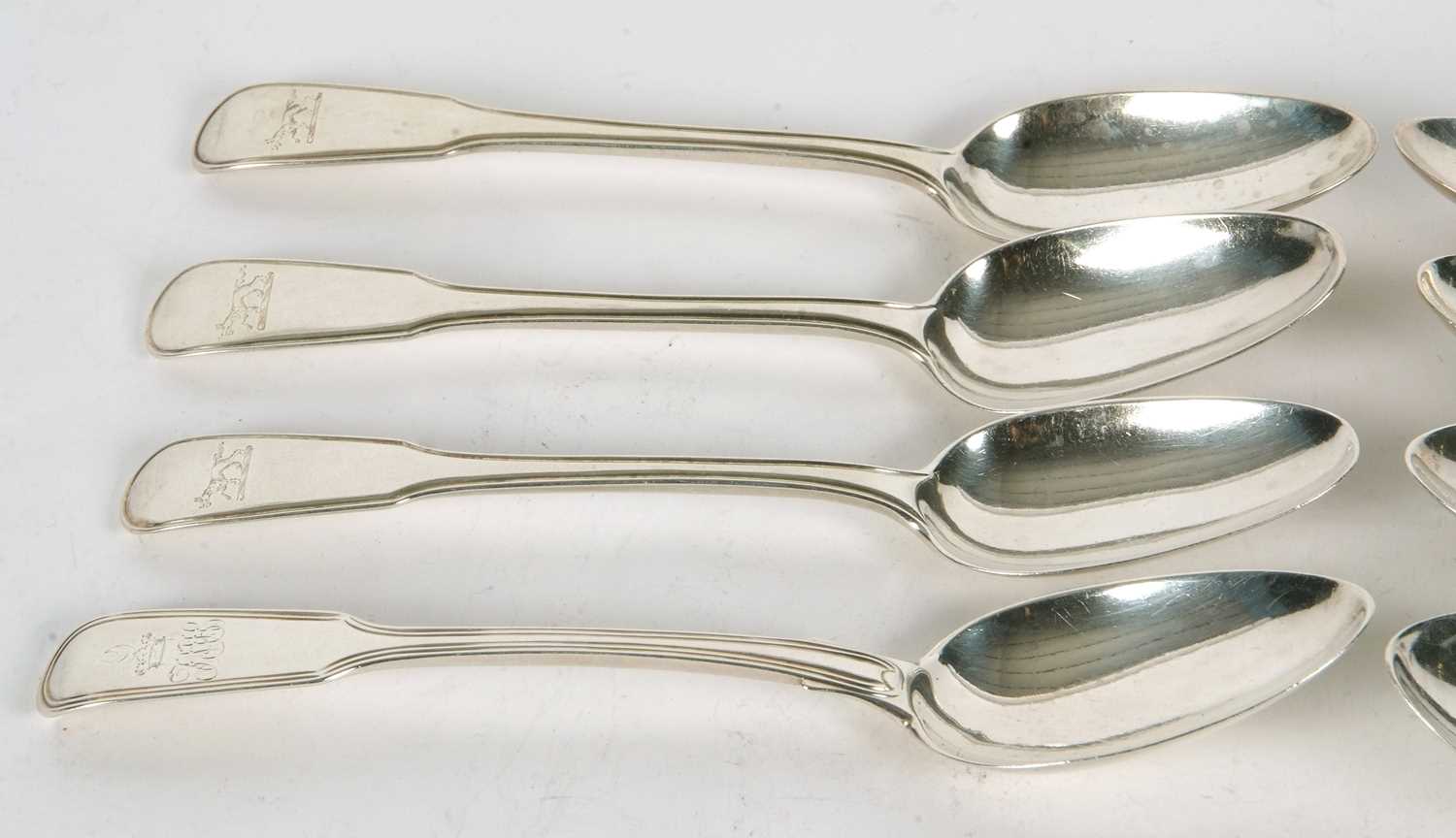 Mixed Lot: Five George III silver dessert spoons, fiddle and thread pattern, engraved with a - Image 2 of 4