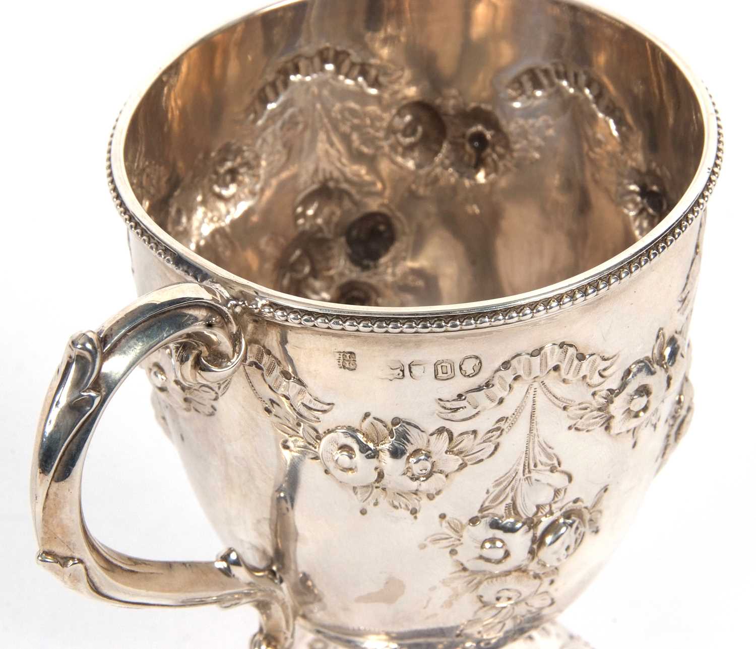 A Victorian silver mug of trophy shape having a capped scroll handle, beaded rim and foot with - Image 4 of 4