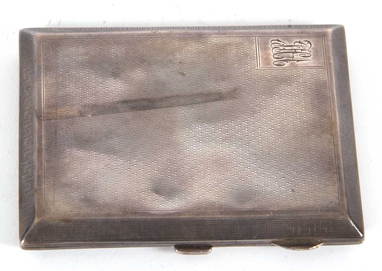 Hallmarked silver cigarette case of rectangular form, all over decorated with a chased geometric - Image 2 of 3