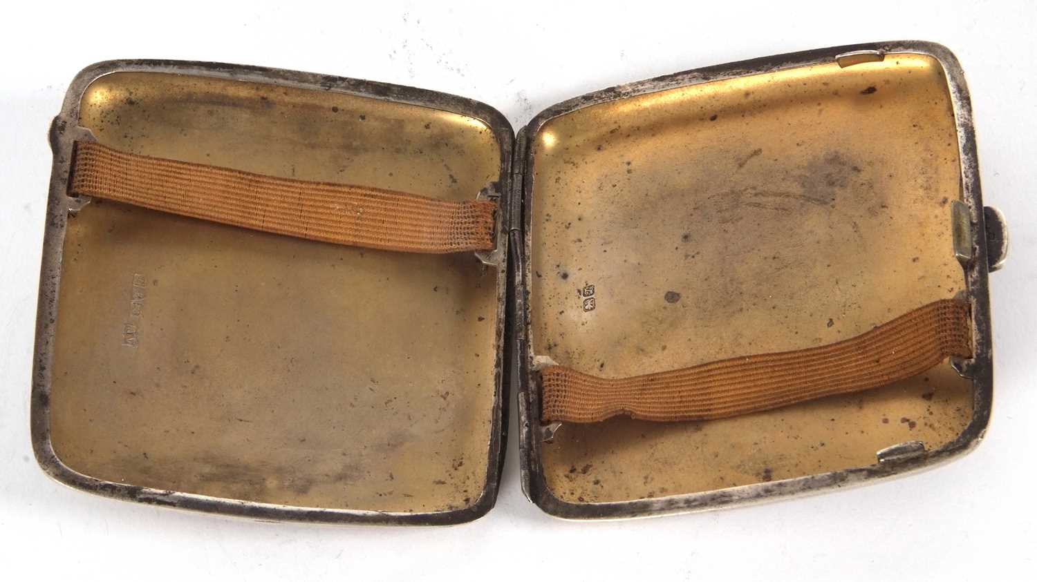 A George V silver cigarette case of square form, engine turn decorated and initialled (a/f), - Image 2 of 3