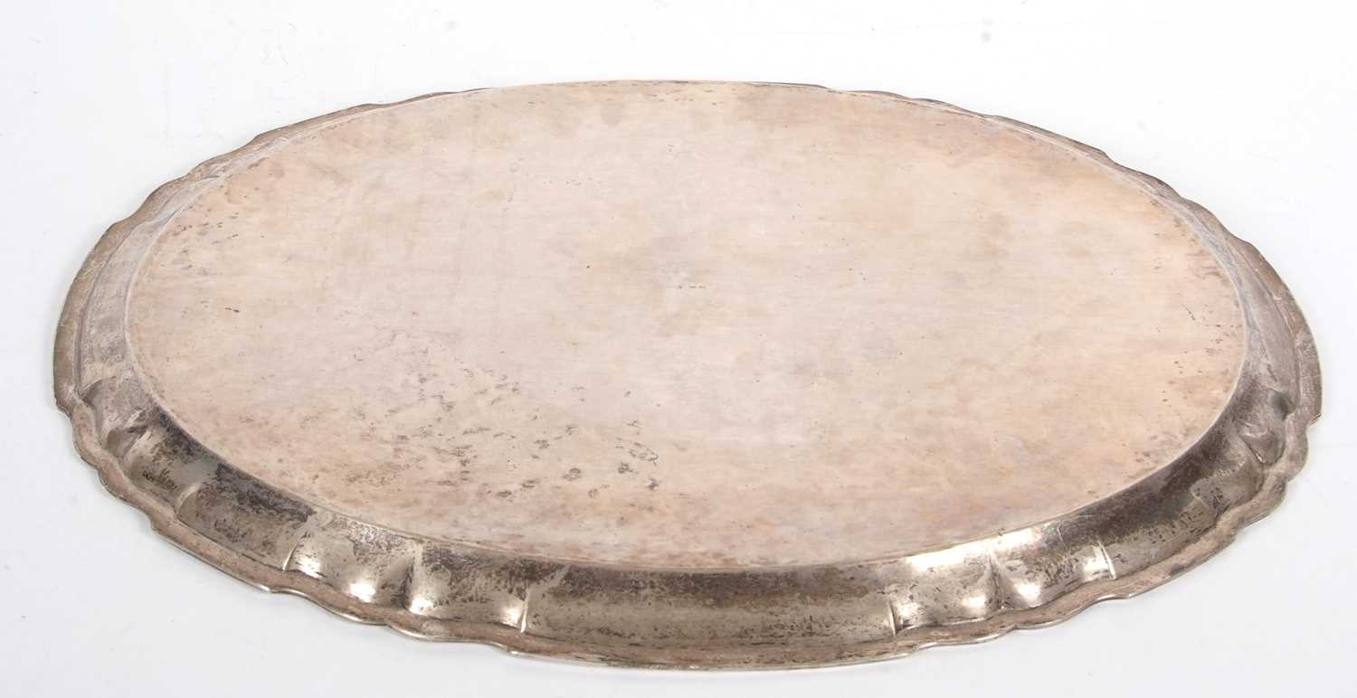 A large German 800 marked oval tray of plain form with applied reeded scallop border, 53 x 48cm, 2. - Image 3 of 4