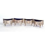 Four George III silver pierced salts of Navette shape with reeded rims and supported on four splay
