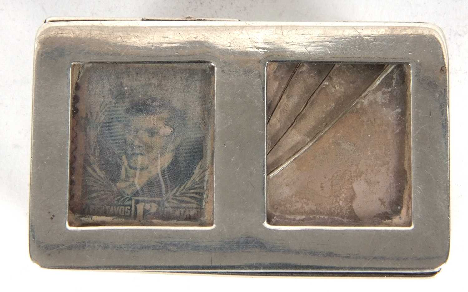 An antique silver double stamp box of trough shape with sprung glazed hinge lid standing on four - Image 3 of 4