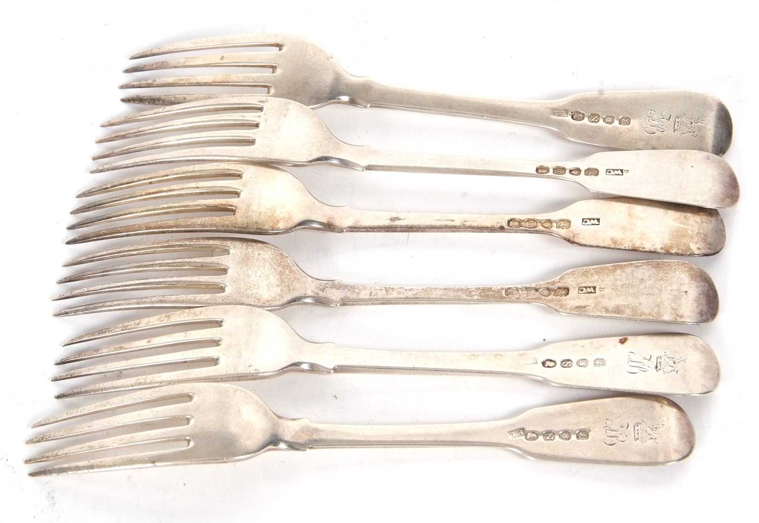 Six Georgian silver dessert forks, fiddle pattern engraved with an armorial and initials, three - Image 2 of 3