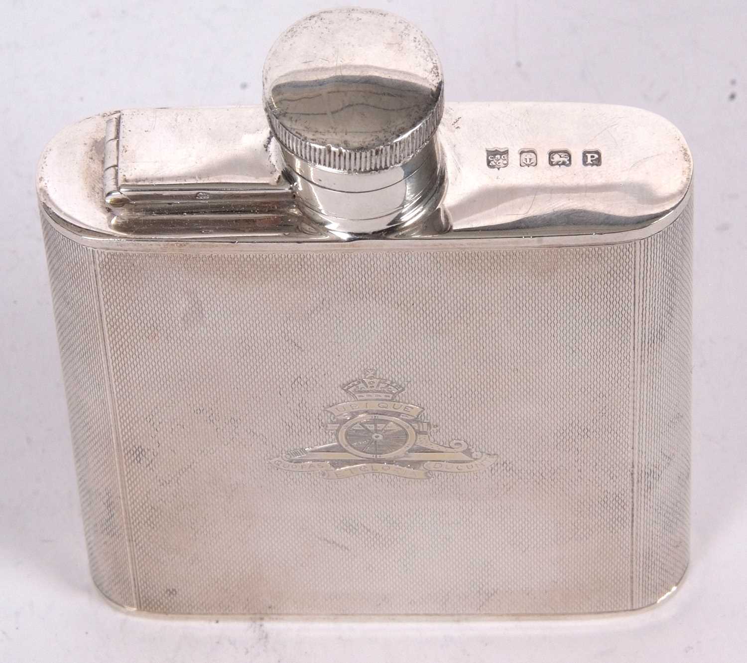 A George VI silver spirit flask, engine turned decorated, the front engraved with The Royal - Image 2 of 4