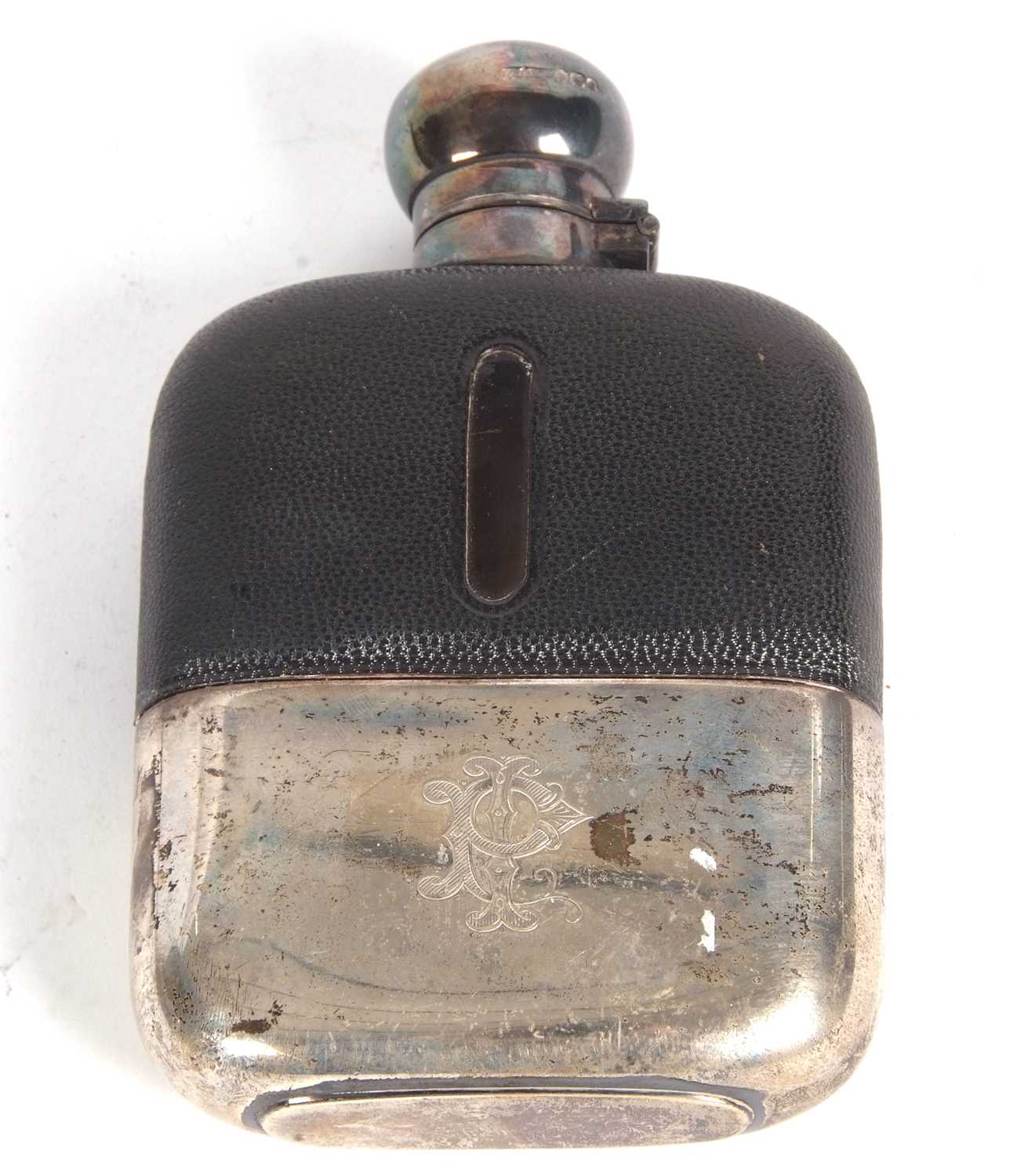 Late Victorian spirit flask hallmarked silver lancet fitting with pull off silver cup, initialled,