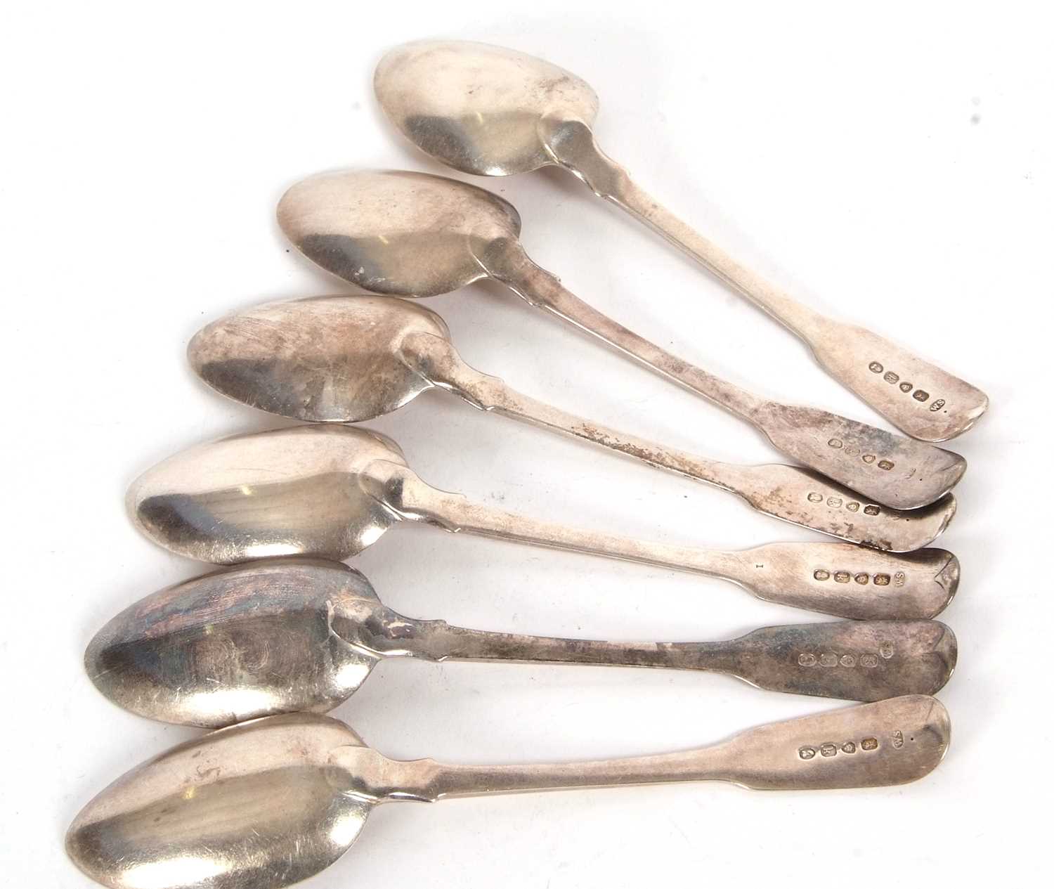 A set of six George IV silver dessert spoons, fiddle pattern, engraved with initials and armorial, - Image 3 of 4