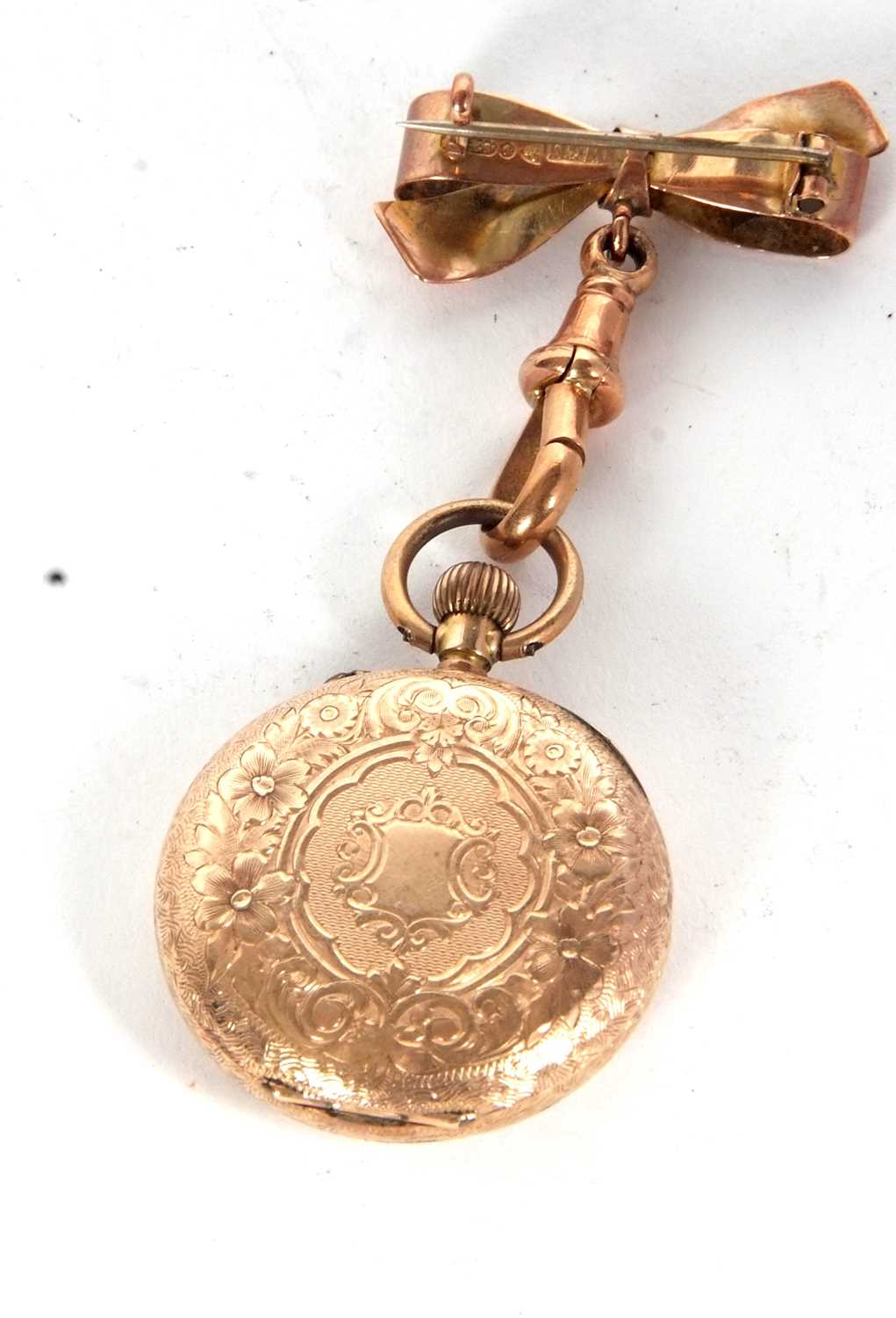 A yellow metal fob watch with 9ct bow pin, the pocket watch is stamped 14k on the inside of the case - Image 3 of 3