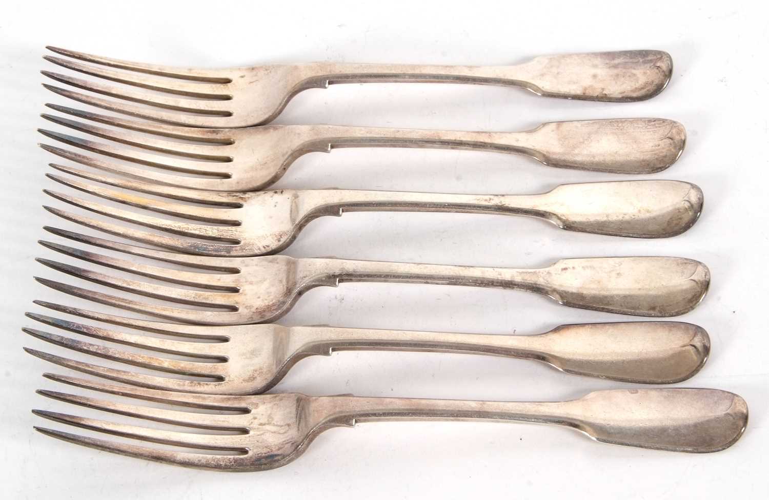 A set of six William IV fiddle pattern table forks, engraved with initials and armorial, London