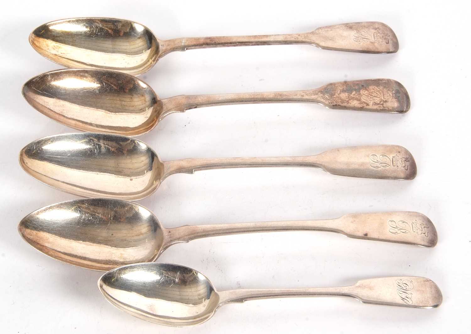 A group of four Georgian and one Victorian silver table spoon, engraved with crests and initials - Image 2 of 5