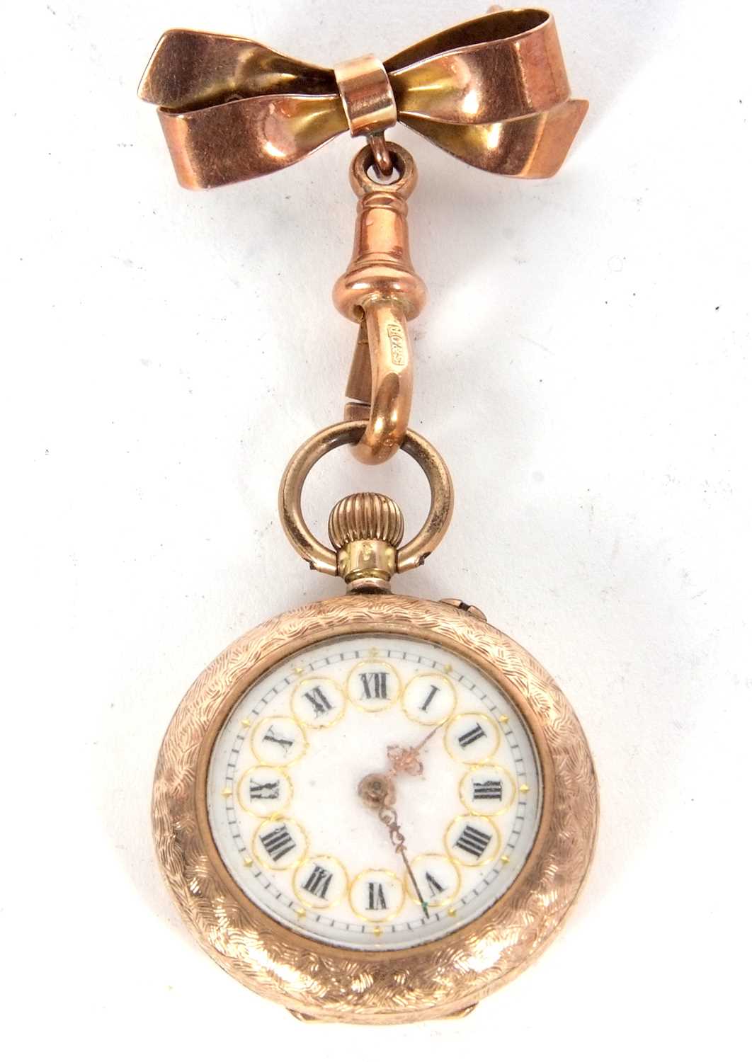A yellow metal fob watch with 9ct bow pin, the pocket watch is stamped 14k on the inside of the case - Image 2 of 3