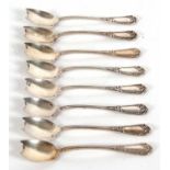 Eight continental white metal fruit spoons, 198gms