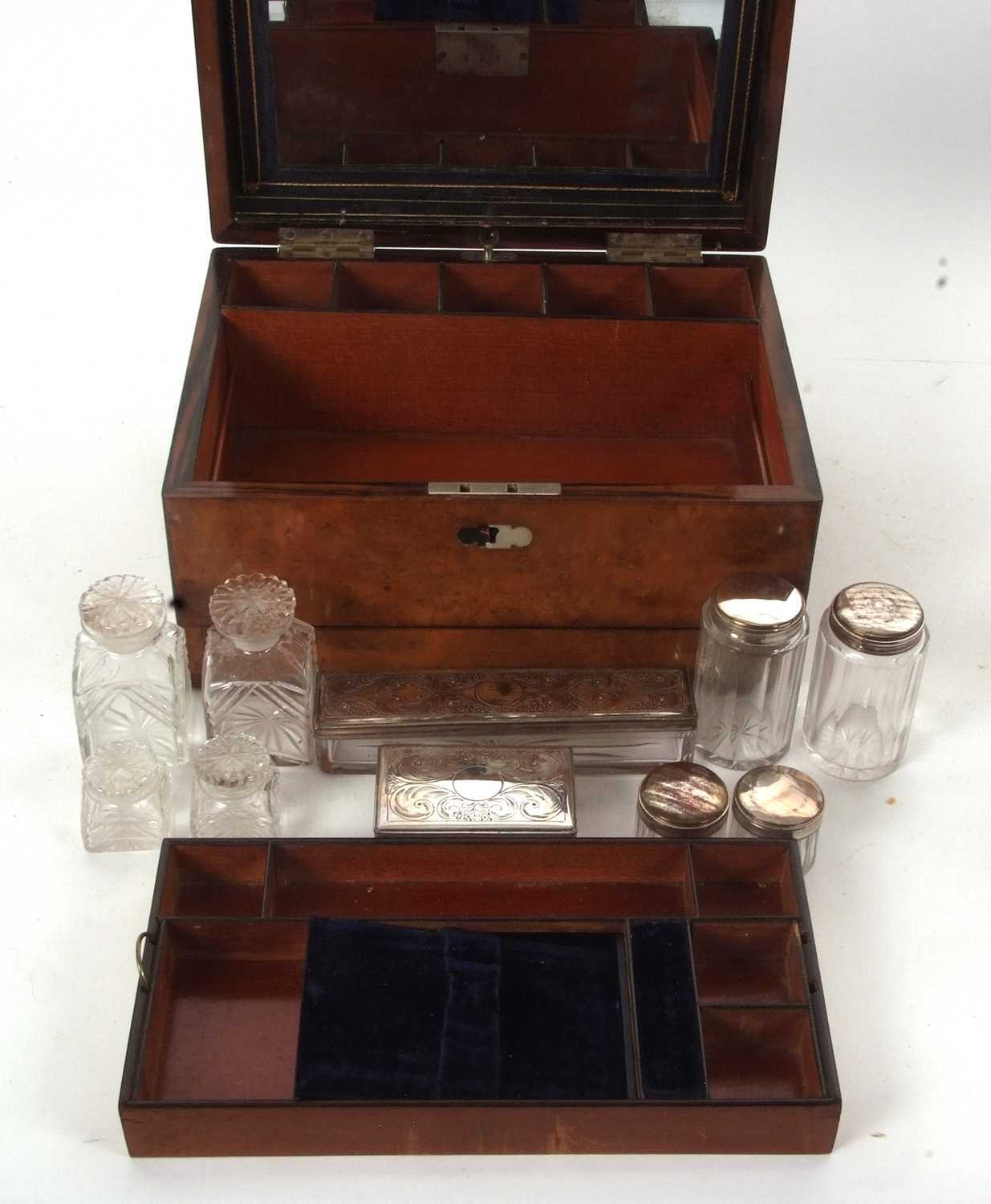 A 19th Century walnut vanity box, ebony banded with insert mother of pearl plaque, the lined - Image 3 of 6