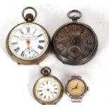 A mixed lot of three pocket watches and a wristwatch, one hallmarked inside the case back, one