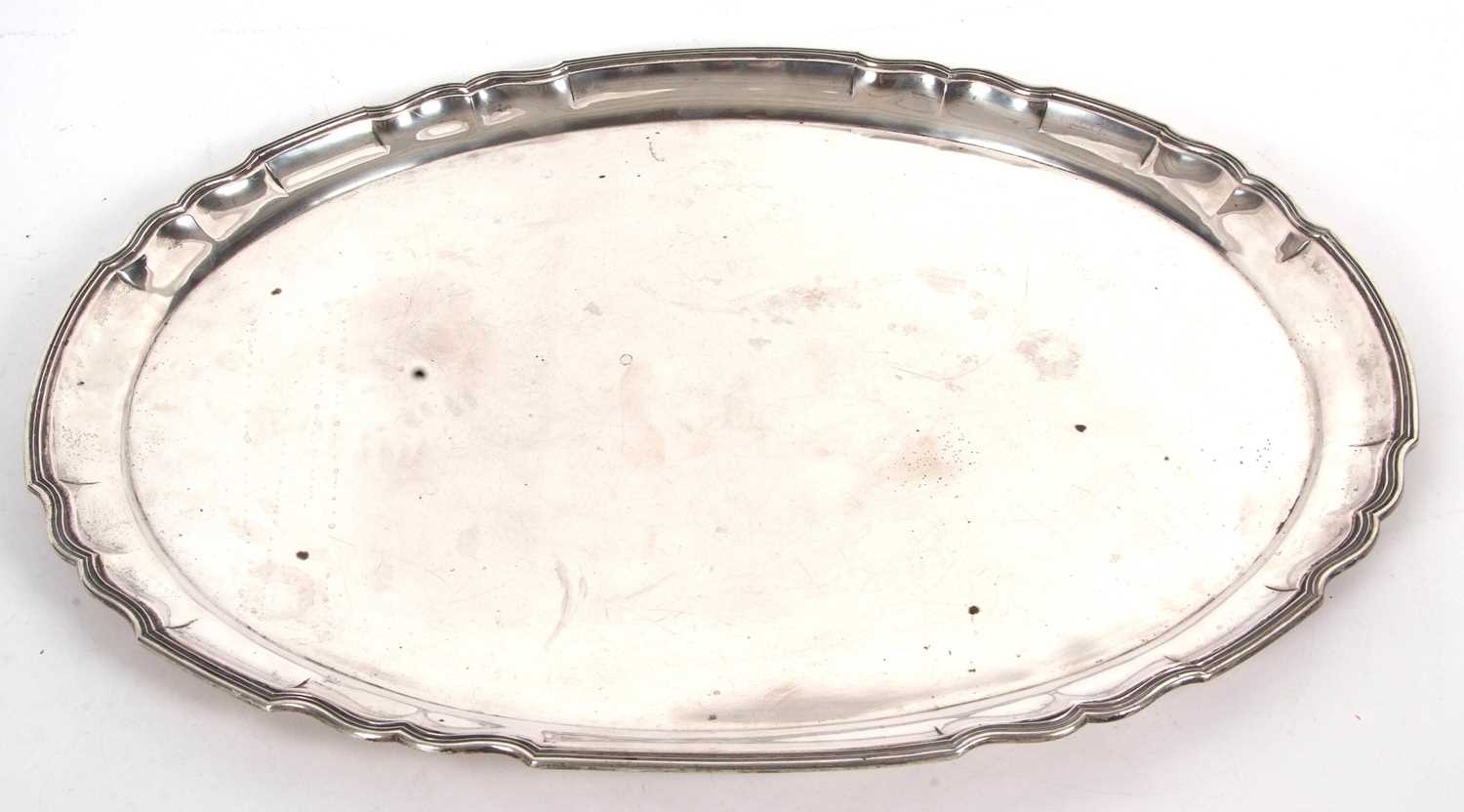 A large German 800 marked oval tray of plain form with applied reeded scallop border, 53 x 48cm, 2. - Image 2 of 4