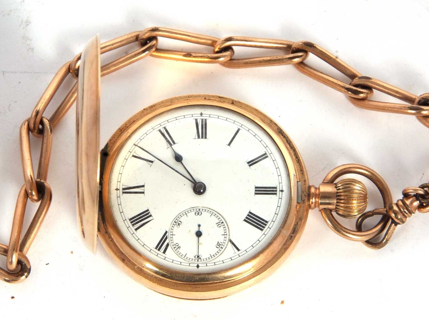 A rolled gold Waltham Hunter pocket watch with a rolled gold chain suspending a half sovereign, - Image 2 of 3