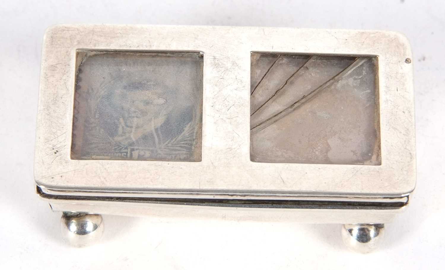 An antique silver double stamp box of trough shape with sprung glazed hinge lid standing on four - Image 2 of 4