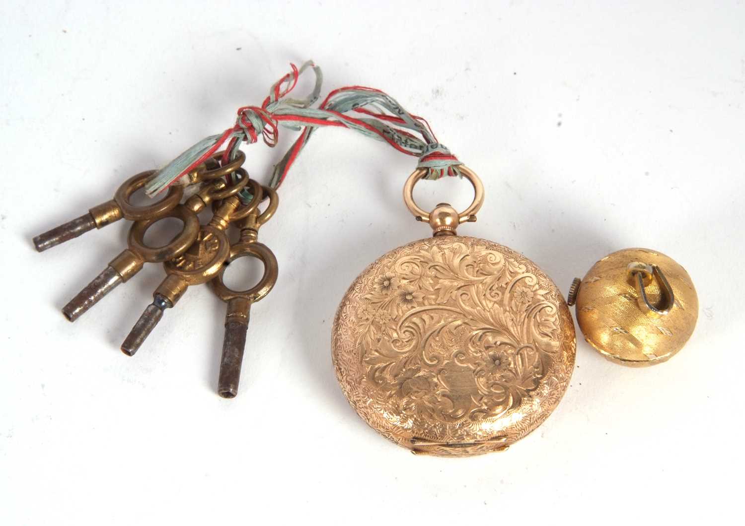 A yellow metal pocket watch with chain fob watch, the pocket watch is stamped on the inside of the - Image 2 of 2