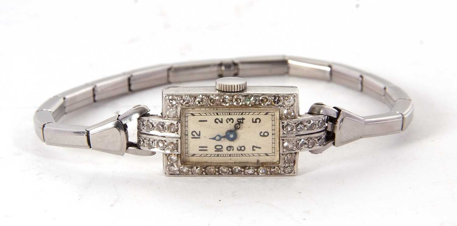 A precious metal and diamond surrounded wristwatch, the case back is stamped on the inside Platt, it - Image 3 of 3