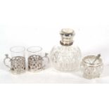 Mixed Lot: A George V cut glass scent bottle with a hallmarked silver hinged lid and collar, Chester