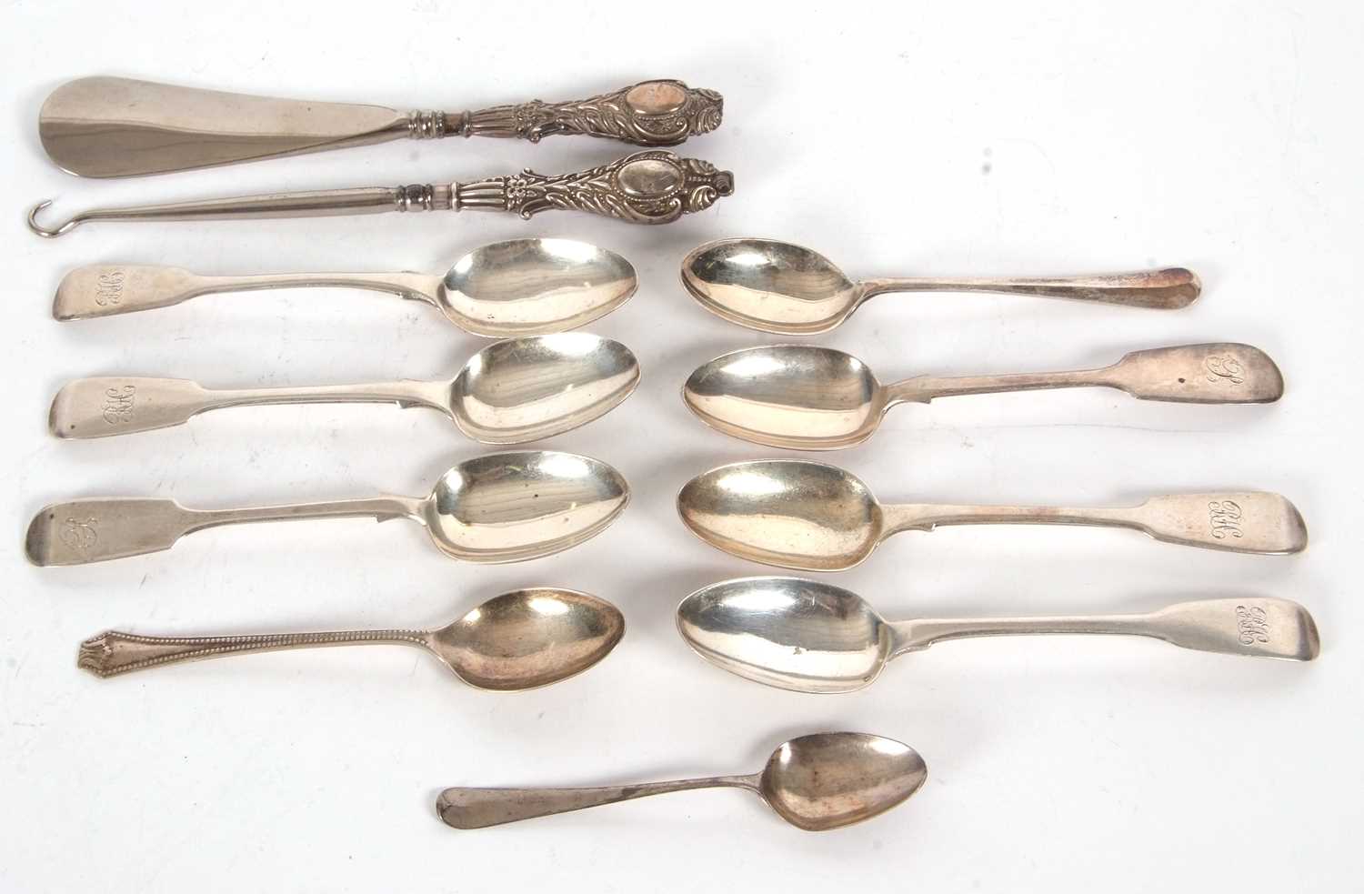 Mixed Lot: Six fiddle pattern teaspoons, two hallmarked for Exeter 1848, makers mark William