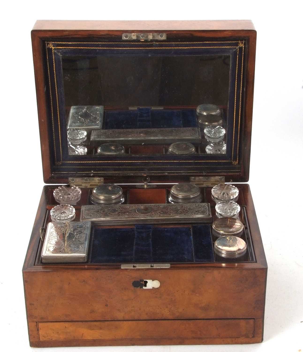 A 19th Century walnut vanity box, ebony banded with insert mother of pearl plaque, the lined - Image 6 of 6