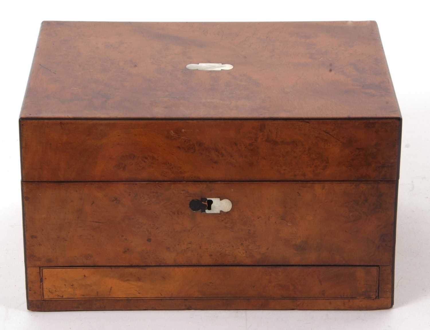 A 19th Century walnut vanity box, ebony banded with insert mother of pearl plaque, the lined - Image 2 of 6