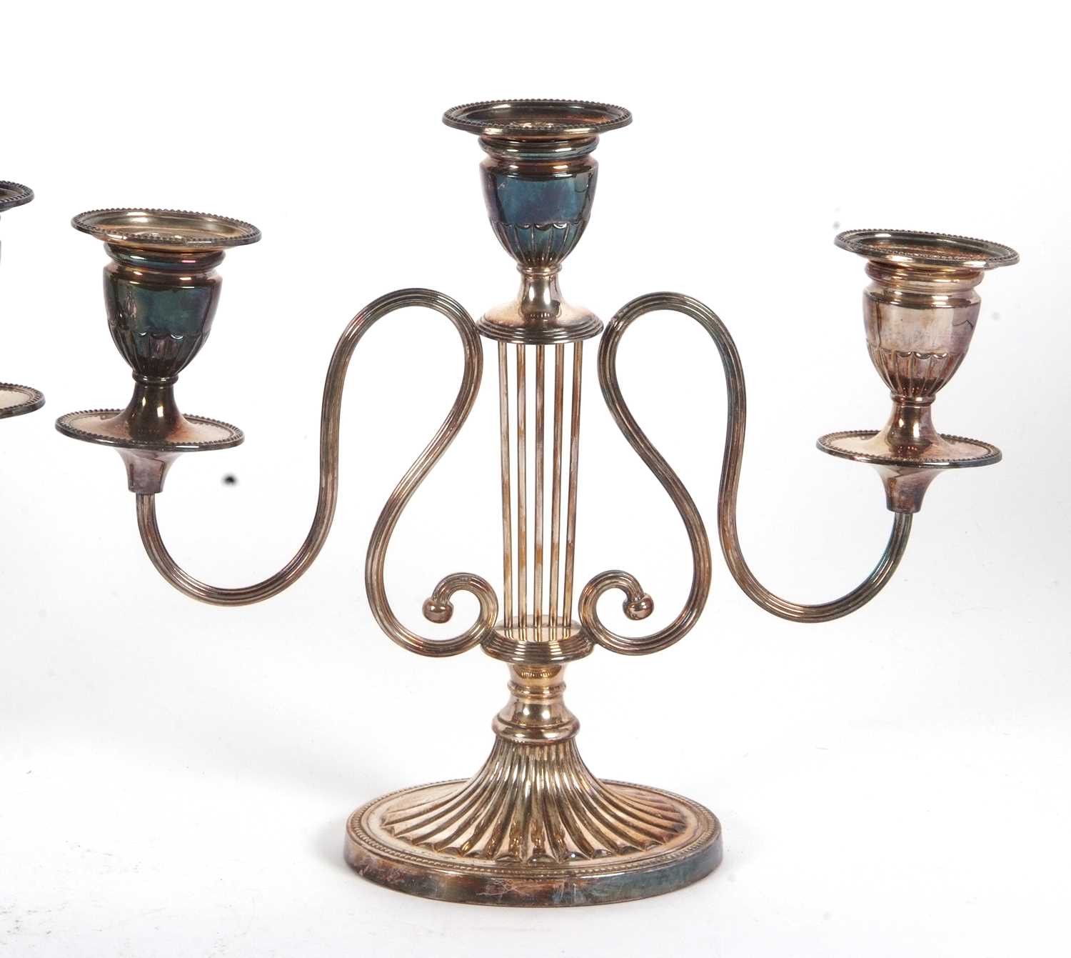 A pair of Barker Ellis silver-plated candelabra, circa 1920 with a lyre design, supporting a - Image 4 of 4