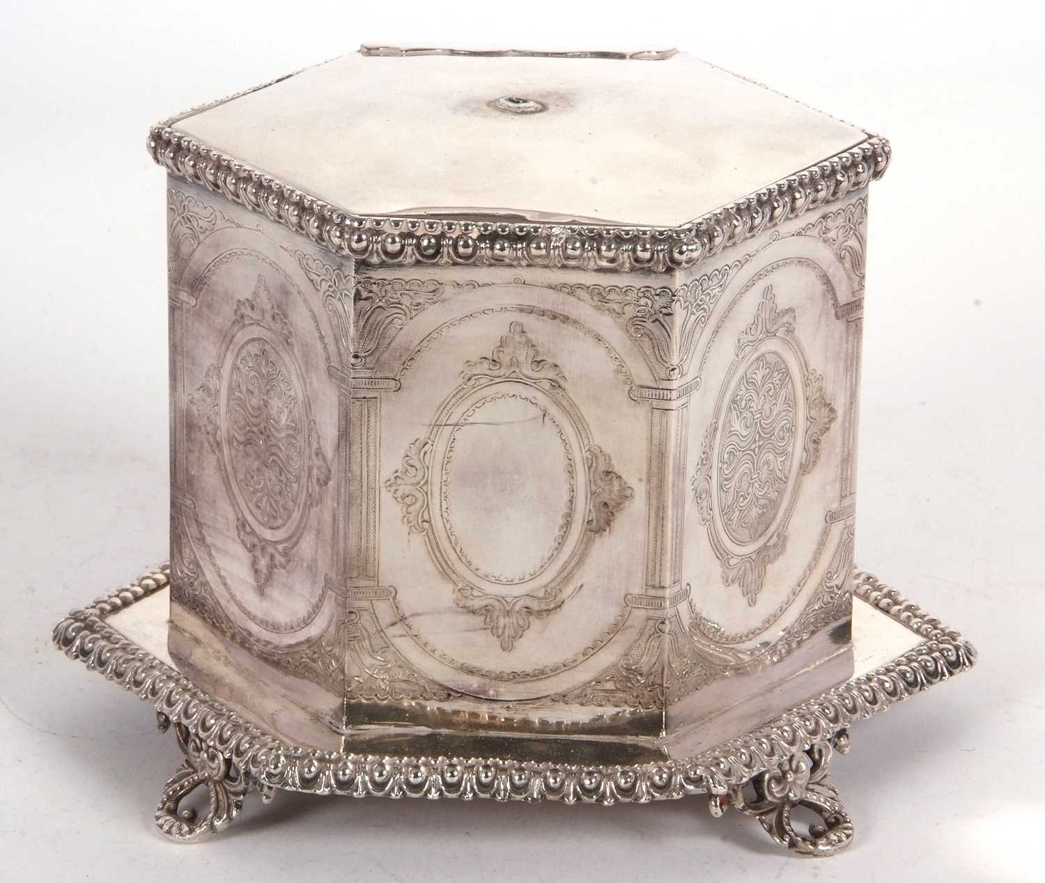 An early 19th Century silver plated biscuit barrel of hexagonal form on integral gadrooned decorated - Image 3 of 4